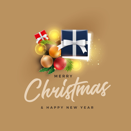 Christmas decoration objects. Half open Christmas gift box with magical lights on golden background. Christmas and new year greeting and poster design.のイラスト素材