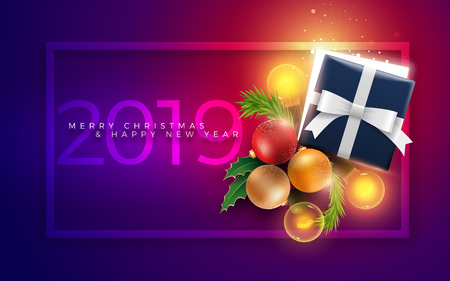 Christmas decoration objects, half open Christmas gift box with magical lights and 2019 new year wishes. Christmas and new year greeting and poster design.のイラスト素材