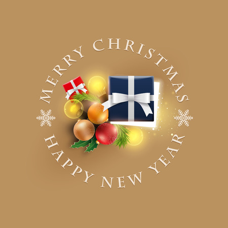 Christmas decoration objects. Half open Christmas gift box with magical lights on golden background. Christmas and new year greeting and poster design.のイラスト素材