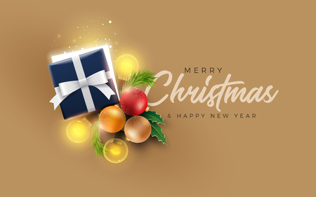 Christmas decoration objects. Half open Christmas gift box with magical lights on golden background. Christmas and new year greeting and poster design.のイラスト素材