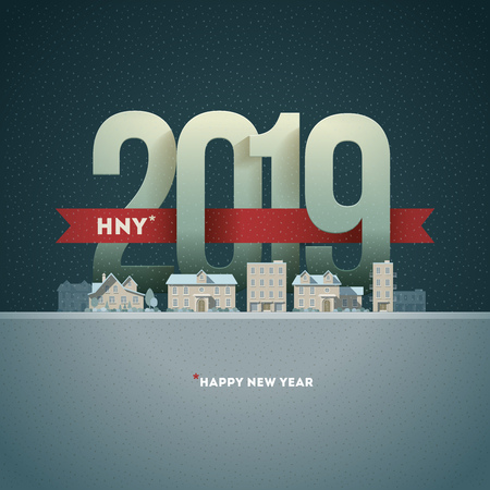 Happy New Year 2019 in town. Vector greeting card design element. Elements are layered separately in vector file.のイラスト素材
