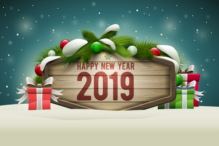 Vector realistic illustration of wooden Happy New Year 2019 message board. Elements are layered separately in vector file.のイラスト素材