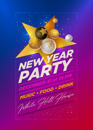 Vector New Year Party poster design template with 3d white, black and gold Christmas balls . Elements are layered separately in vector file.のイラスト素材