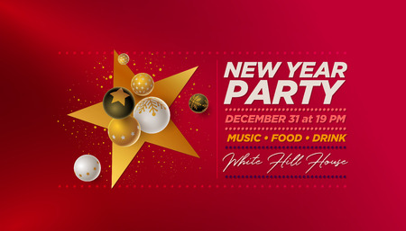 Vector New Year Party poster design template with 3d white, black and gold Christmas balls . Elements are layered separately in vector file.のイラスト素材