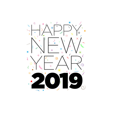 Black Happy New Year 2019 text with confetti elements on white background. Vector typographic design.のイラスト素材