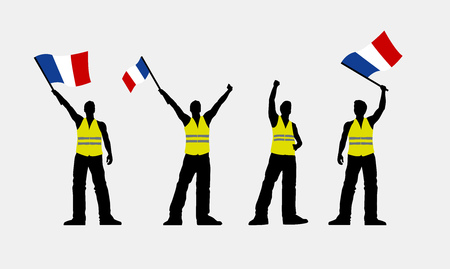 Vector yellow vest protestors illustration. Men silhouettes.のイラスト素材