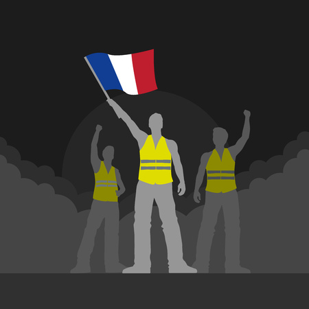 Vector yellow vest protestors illustration. Men silhouettes.のイラスト素材