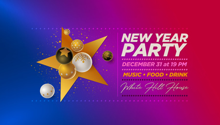 Vector New Year Party poster design template with 3d white, black and gold Christmas balls . Elements are layered separately in vector file.のイラスト素材