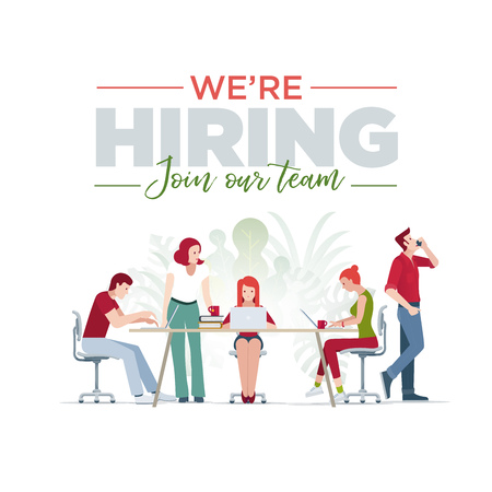 We are hiring, Join our team. Hiring and recruitment concept illustration and design. Casual business team working in office. Vector illustration.のイラスト素材