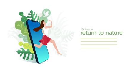 She's coming out of the cell phone. Escape from digital worldâs addictions and return to nature. Vector illustration. のイラスト素材