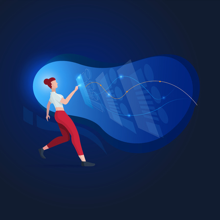 Creative woman working on technological business. Vector illustration.のイラスト素材