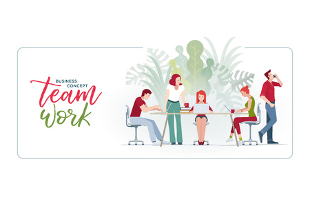 Casual business team working in office. Vector illustration.のイラスト素材