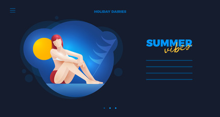 Web site design. Beautiful girl sitting and sunbathing on the beach. Summer vibes vector illustration.のイラスト素材