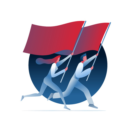Man and woman are running with flags. Vector concept illustration.のイラスト素材