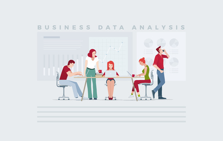 Casual business people team concept for data analysis, planning, strategy, finance, investment, market research. Vector illustration concept for presentations, web banner design or advertising material design.のイラスト素材