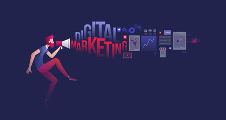 Red bearded man is holding a megaphone and announce digital marketing related things. Vector concept illustration.のイラスト素材