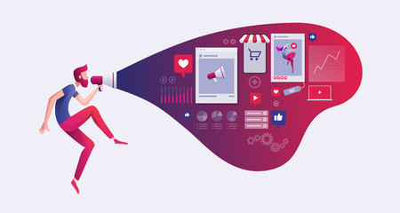 Red bearded man is holding a megaphone and announce digital marketing related things. Vector concept illustration.のイラスト素材