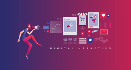 Red bearded man is holding a megaphone and announce digital marketing related things. Vector concept illustration.のイラスト素材