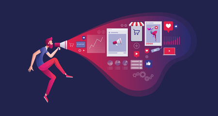 Red bearded man is holding a megaphone and announce digital marketing related things. Vector concept illustration.のイラスト素材