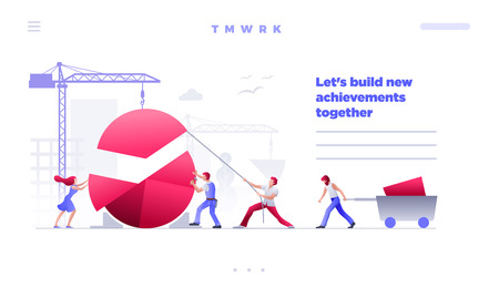 Web site design template. Vector illustration people are building a new achievements with pie graph. Business teamwork concept. People characters are working together. のイラスト素材