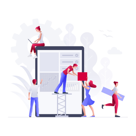 People are building a new business on the internet. Screen with a website. Ideas with teamwork, promotion of business online, the takeoff rating of the works. Vector concept illustration.のイラスト素材