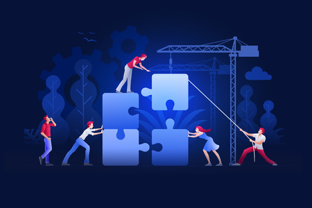 Vector illustration people are building a new achievements with jigsaw puzzle. Business teamwork concept. People characters are working together. Financial success, cooperation or building concept. のイラスト素材
