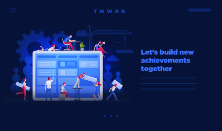 Web site page design template. Vector illustration people are working together on large screen and building a new achievements. Business teamwork concept. People characters are working together on giant screen.のイラスト素材
