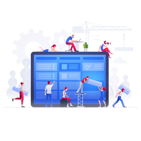 Vector illustration people are working together on large screen and building a new achievements. Business teamwork concept. People characters are working together on giant screen.のイラスト素材