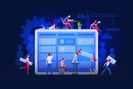 Vector illustration people are working together on large screen and building a new achievements. Business teamwork concept. People characters are working together on giant screen.のイラスト素材