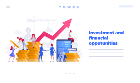 Web site page design template. Vector illustration people are on financial issues together on large screen and building a new achievements. Business finance, investment and teamwork concept.のイラスト素材