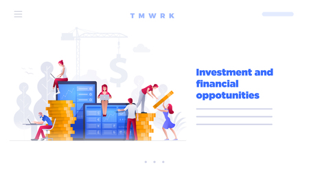 Web site page design template. Vector illustration people are on financial issues together on large screen and building a new achievements. Business finance, investment and teamwork concept.のイラスト素材