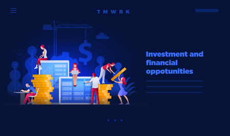 Web site page design template. Vector illustration people are on financial issues together on large screen and building a new achievements. Business finance, investment and teamwork concept.のイラスト素材