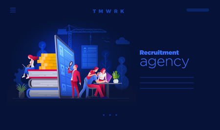Web site page design template. Vector illustration people are working on hiring, human resources and recruitment together.  Concept illustration.のイラスト素材