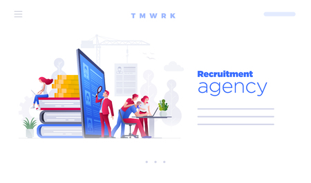 Web site page design template. Vector illustration people are working on hiring, human resources and recruitment together.  Concept illustration.のイラスト素材