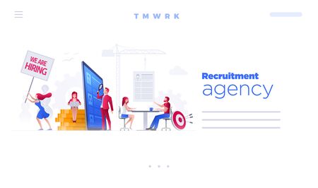 Web site page design template. Vector illustration people are working on hiring, human resources and recruitment together.  Concept illustration.のイラスト素材