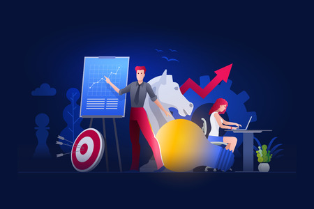 Vector illustration people are working on strategic planning, financial issues or marketing strategies together. Business finance, investment and teamwork concept.のイラスト素材