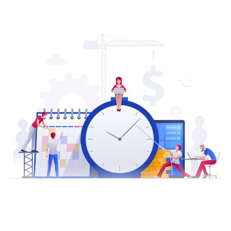 Vector illustration people are working on financial issues together on clock and calendar. Business time management  and teamwork concept.のイラスト素材