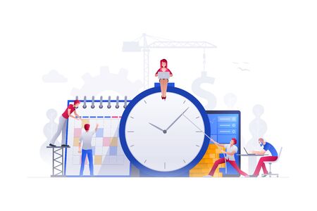 Vector illustration people are working on financial issues together on clock and calendar. Business time management  and teamwork concept.のイラスト素材