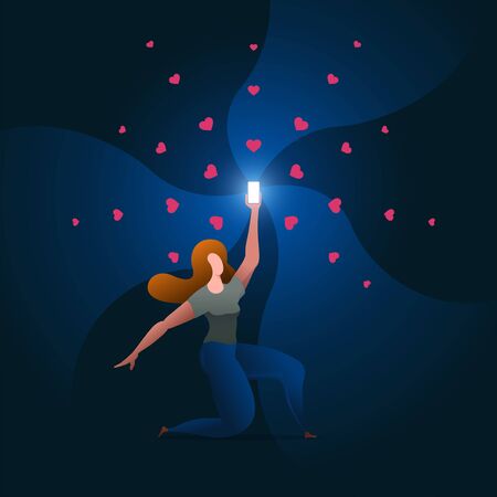 Beautiful girl holds up a shimmering phone. Woman is holding the phone above. Vector concept illustration.の写真素材