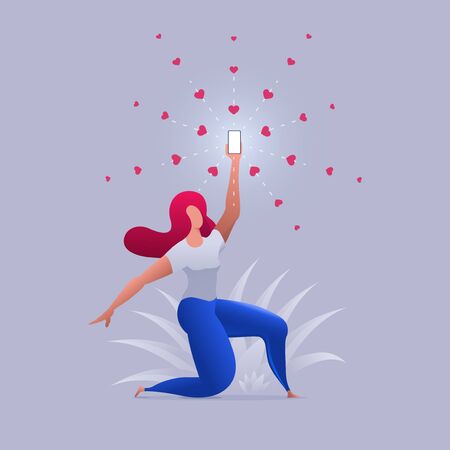 Beautiful girl holds up a shimmering phone. Woman is holding the phone above. Vector concept illustration.の写真素材