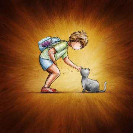 Little school boy and cat. Friendship concept illustration.の写真素材