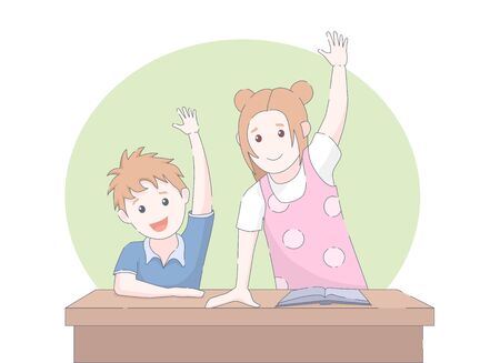 Two smiling young school children arms raised in class. Vector illustration.の写真素材