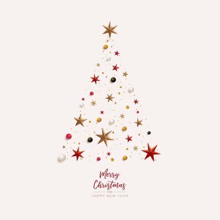 Merry Christmas and New Year greeting card design. Christmas tree composition with festive decoration elements. Vector illustration.のイラスト素材