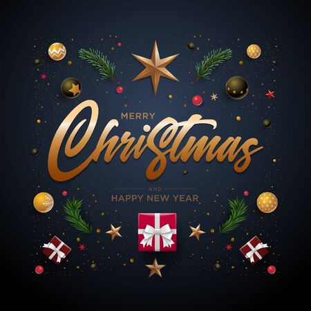 Merry Christmas and New Year greeting card design. Festive Christmas decoration elements. Vector illustration.のイラスト素材