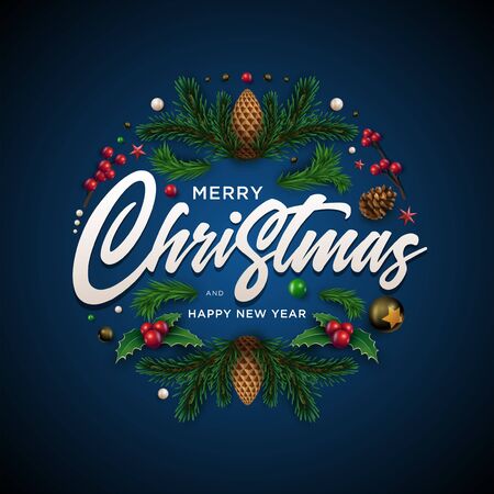 Merry Christnas and happy new year greeting card. Christmas wreath design with festive Christmas decoration ornaments and objects. Vector illustration.のイラスト素材