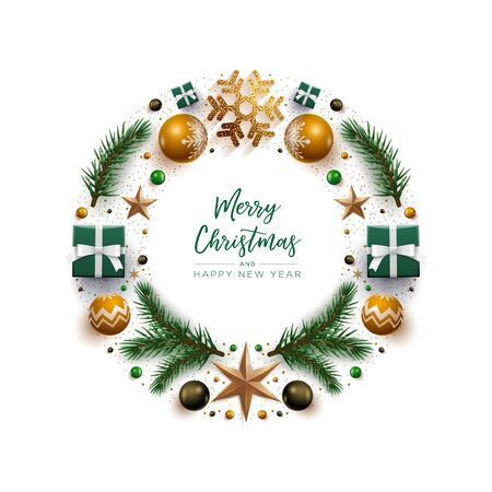 Merry Christnas and happy new year greeting card. Christmas wreath design with festive Christmas decoration ornaments and objects. Vector illustration.のイラスト素材