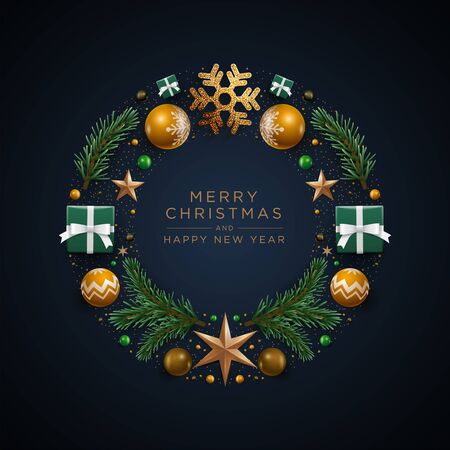 Merry Christnas and happy new year greeting card. Christmas wreath design with festive Christmas decoration ornaments and objects. Vector illustration.のイラスト素材