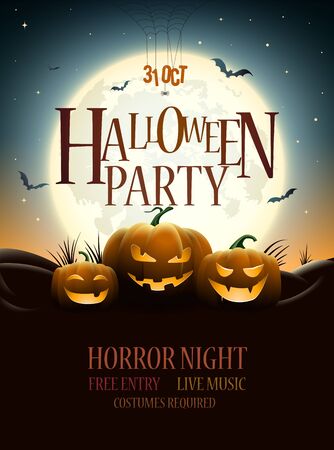 Halloween Party Poster Design. Pumpkins under full moon. Bats are flying. Elements are layered separately in vector file.のイラスト素材