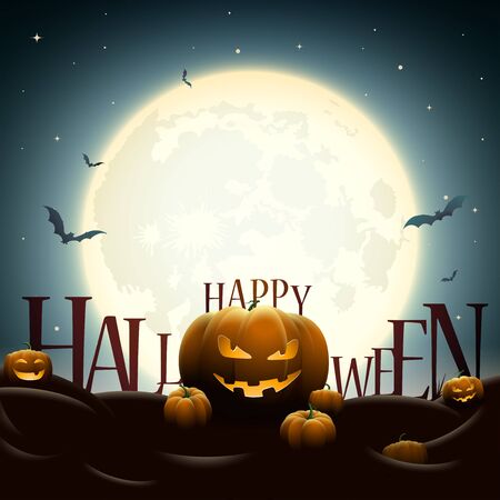 Creepy Halloween midnight illustration. Pumpkins under full moon. Bats are flying. Elements are layered separately in vector file.のイラスト素材