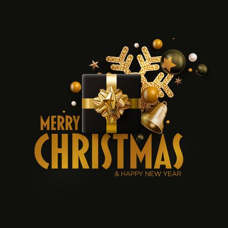Merry Christmas and New Year greeting card design.  Black and gold color composition. Vector illustration. Elements are layered separately in vector file.のイラスト素材